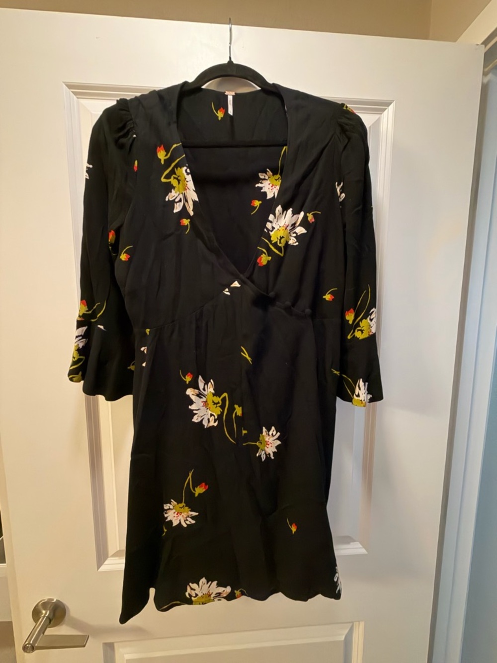 Free People Black Floral Long Sleeve V-Neck Dress